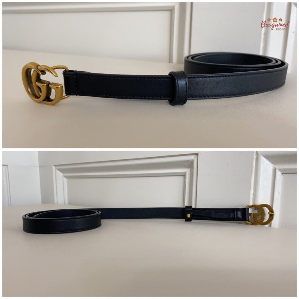 Authentic Gucci Black Smooth Leather Slim Signature Double G Buckle Belt 85/34 - Picture 10 of 13